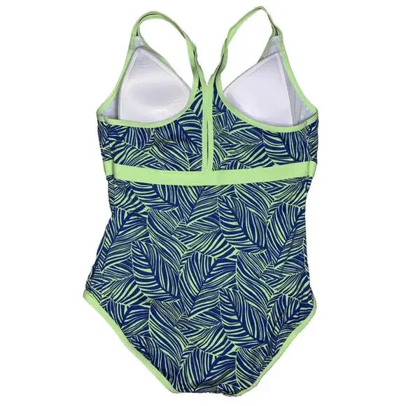 LL Bean One Piece Size 14 Green Blue Leaf Print Tank Swimsuit UPF 50+ New - Picture 2 of 4